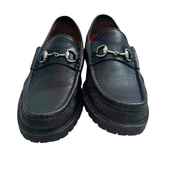 Gucci Black Leather Horsebit Lug Sole Loafers Silver Bit Detail Preppy Designer - Picture 5 of 13